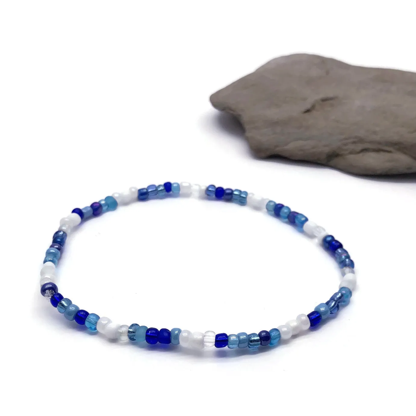 Blue and White Glass Seed Bead Anklet