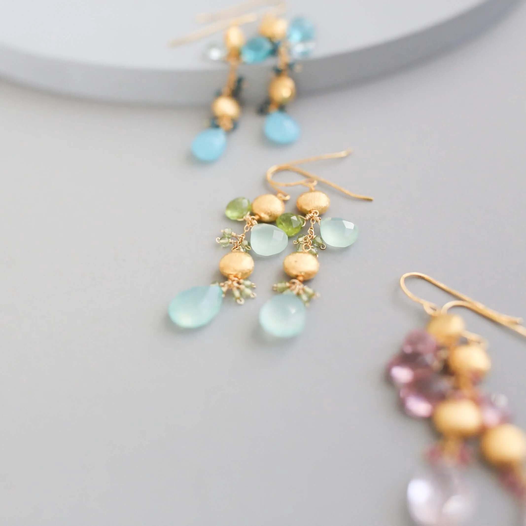 Blue Chalcedony & Aquamarine Gold Drop Earrings