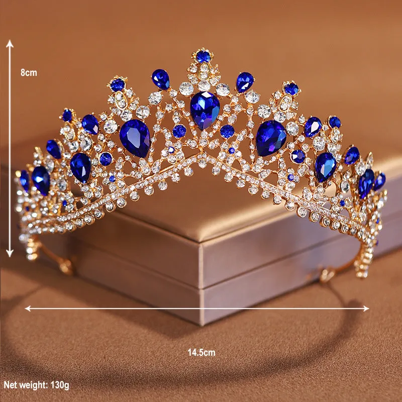 Blue diamond bridal tiara Baroque crown wedding three-piece wedding dress princess crown hair accessories