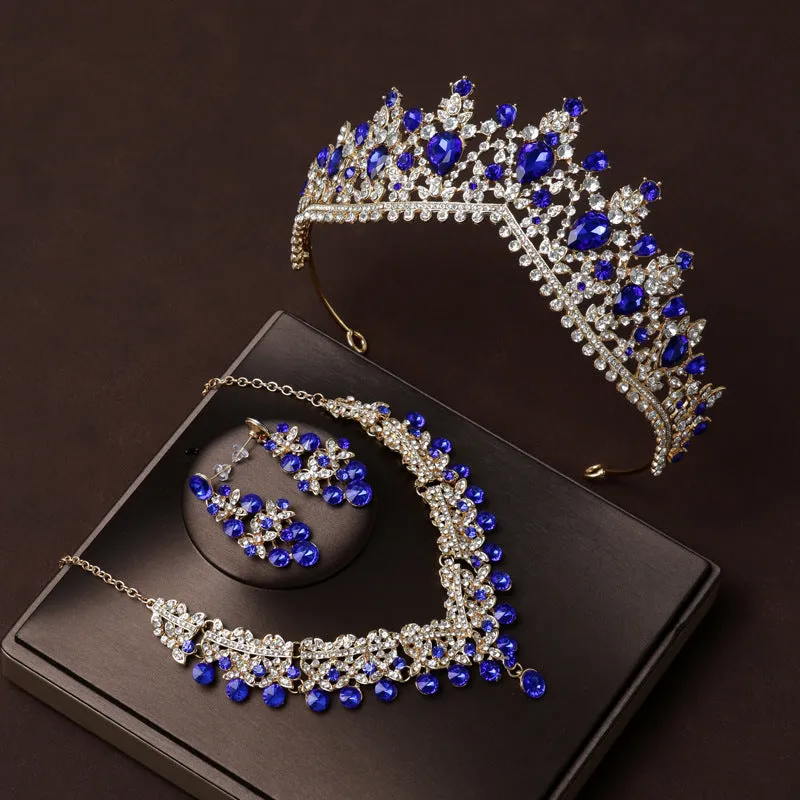 Blue diamond bridal tiara Baroque crown wedding three-piece wedding dress princess crown hair accessories