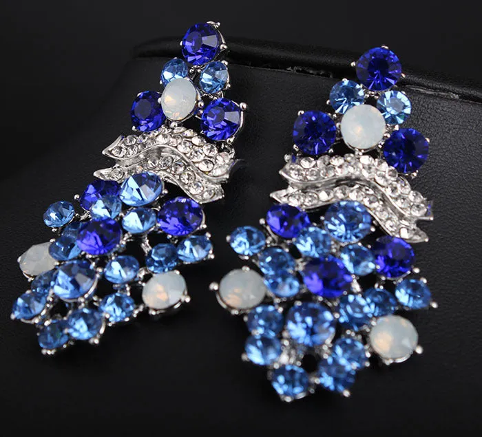 Blue diamond gemstone necklace earrings set dress dinner bride female accessories