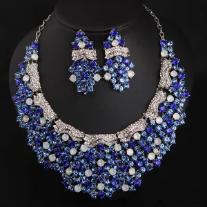 Blue diamond gemstone necklace earrings set dress dinner bride female accessories