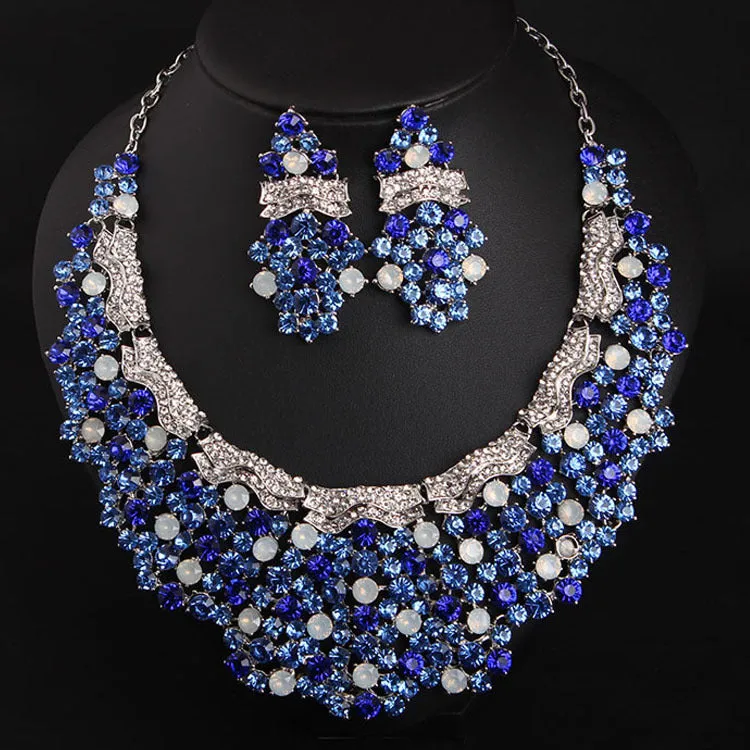 Blue diamond gemstone necklace earrings set dress dinner bride female accessories