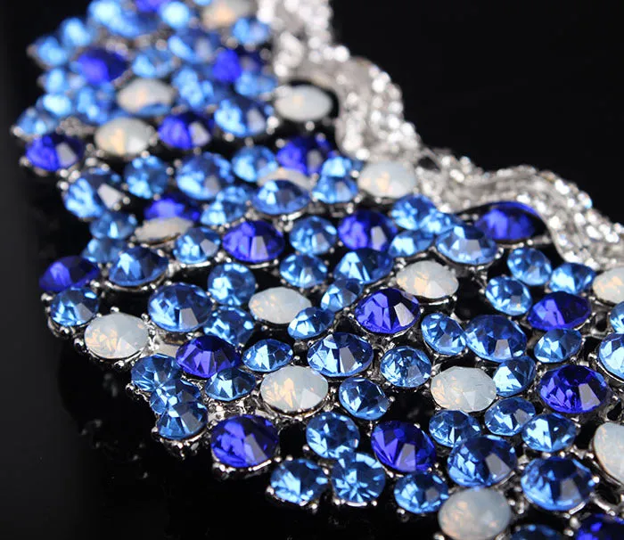 Blue diamond gemstone necklace earrings set dress dinner bride female accessories