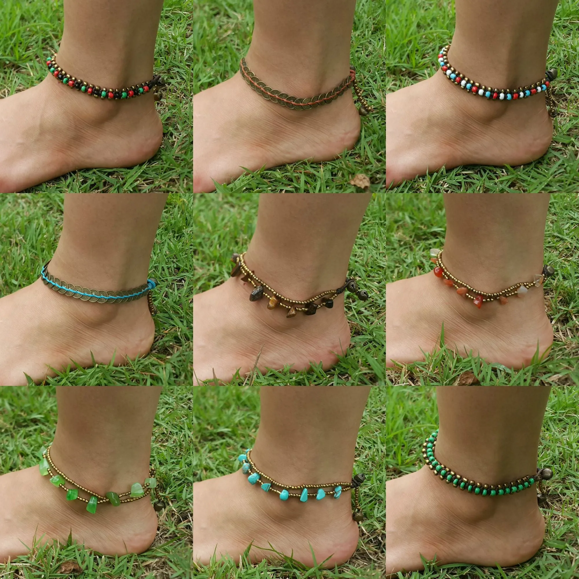 Brass Coin Waxed String Anklet in Blue