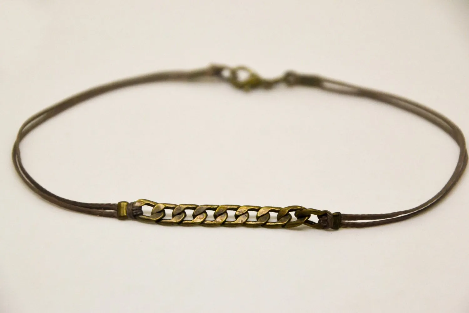 Bronze flat chain anklet for men, brown cord