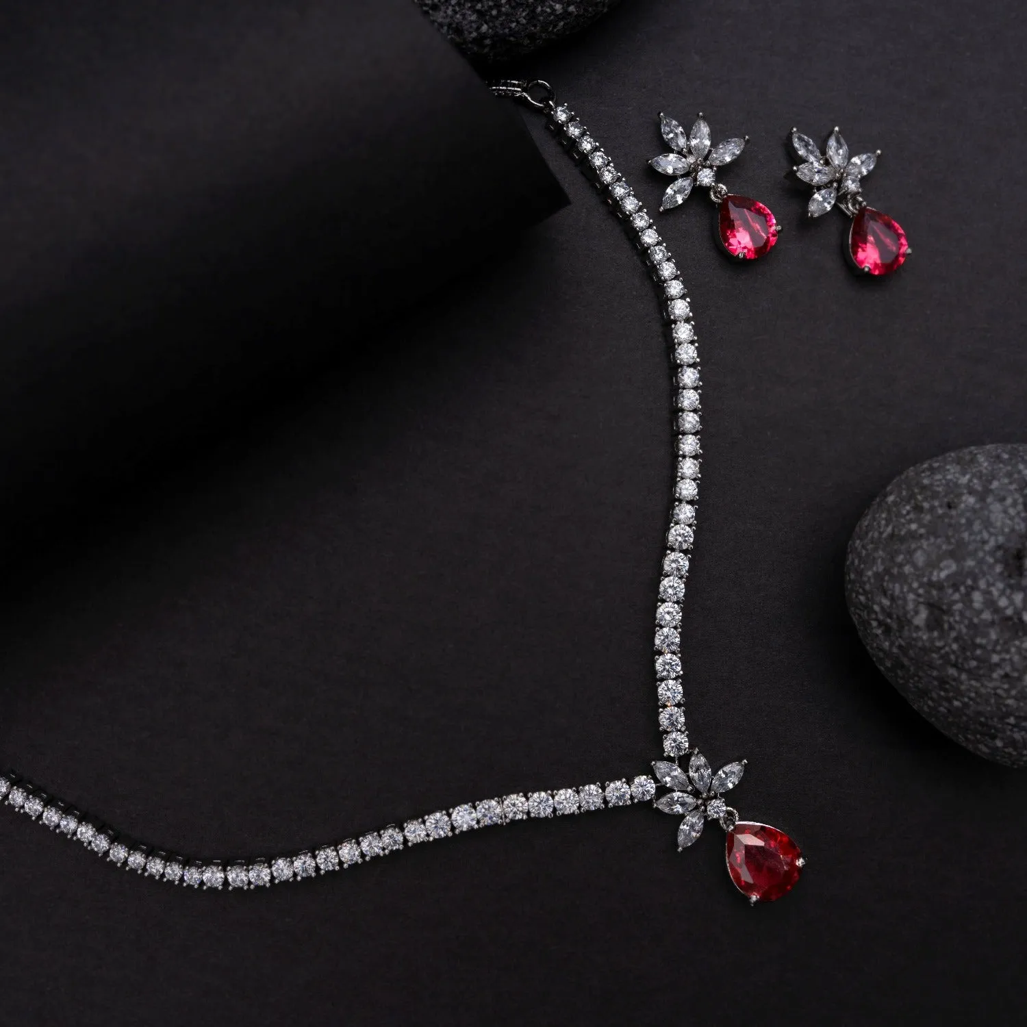 Camellia CZ Red Necklace Set