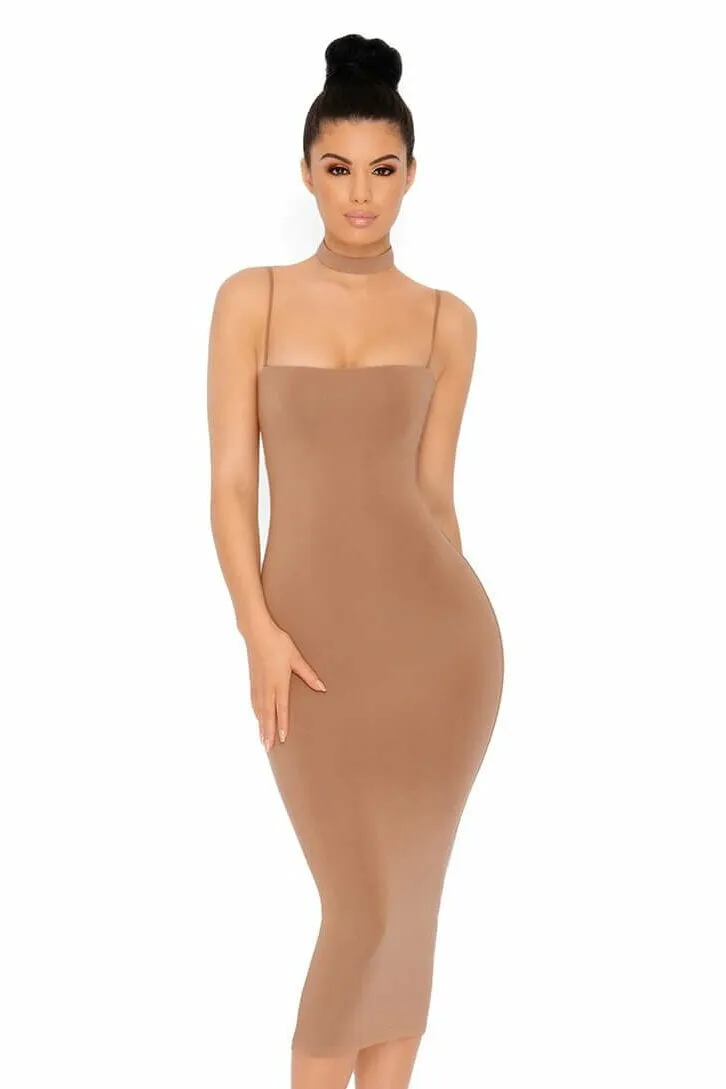 Choke Of Luck Double Layered Midi Dress with Choker in Brown