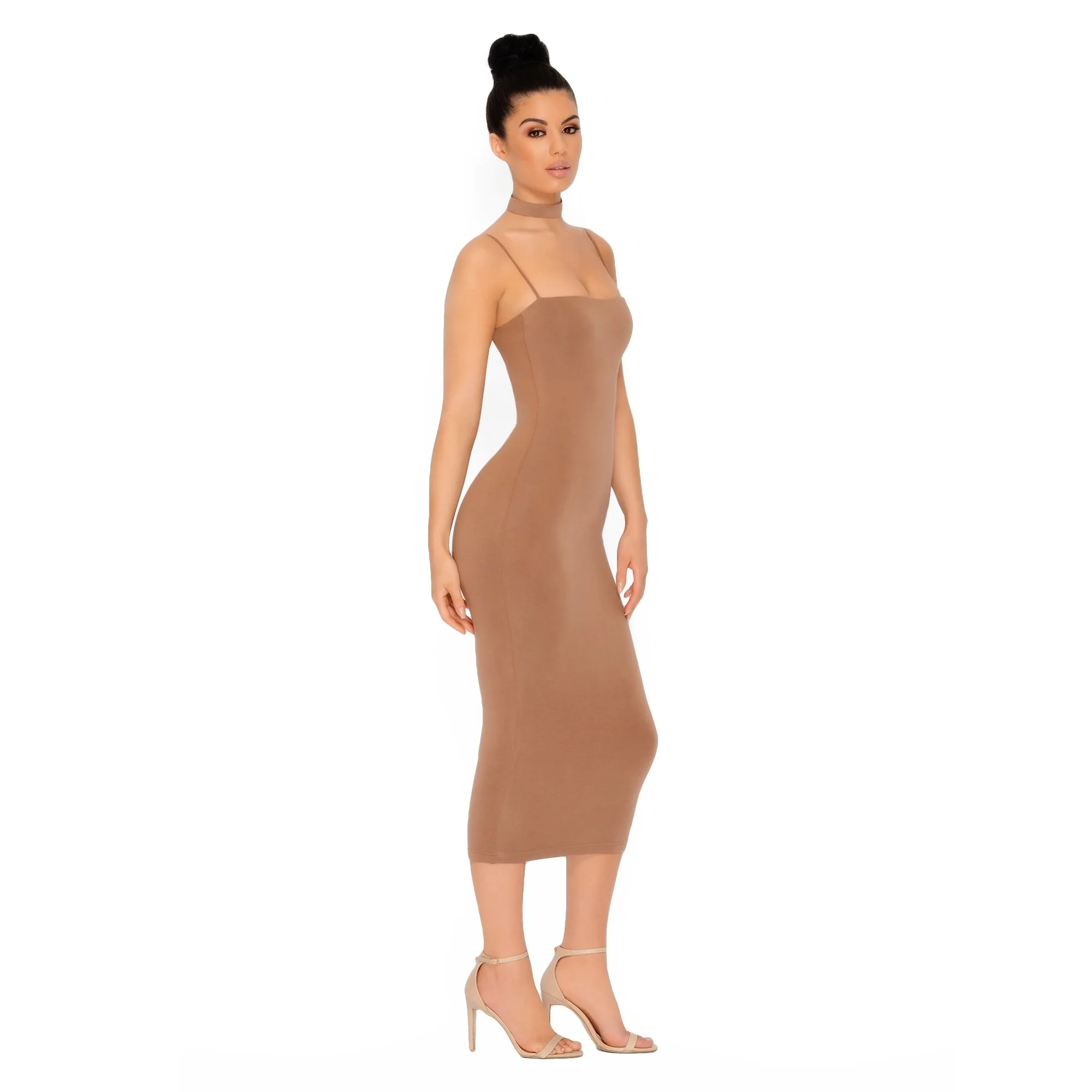 Choke Of Luck Double Layered Midi Dress with Choker in Brown