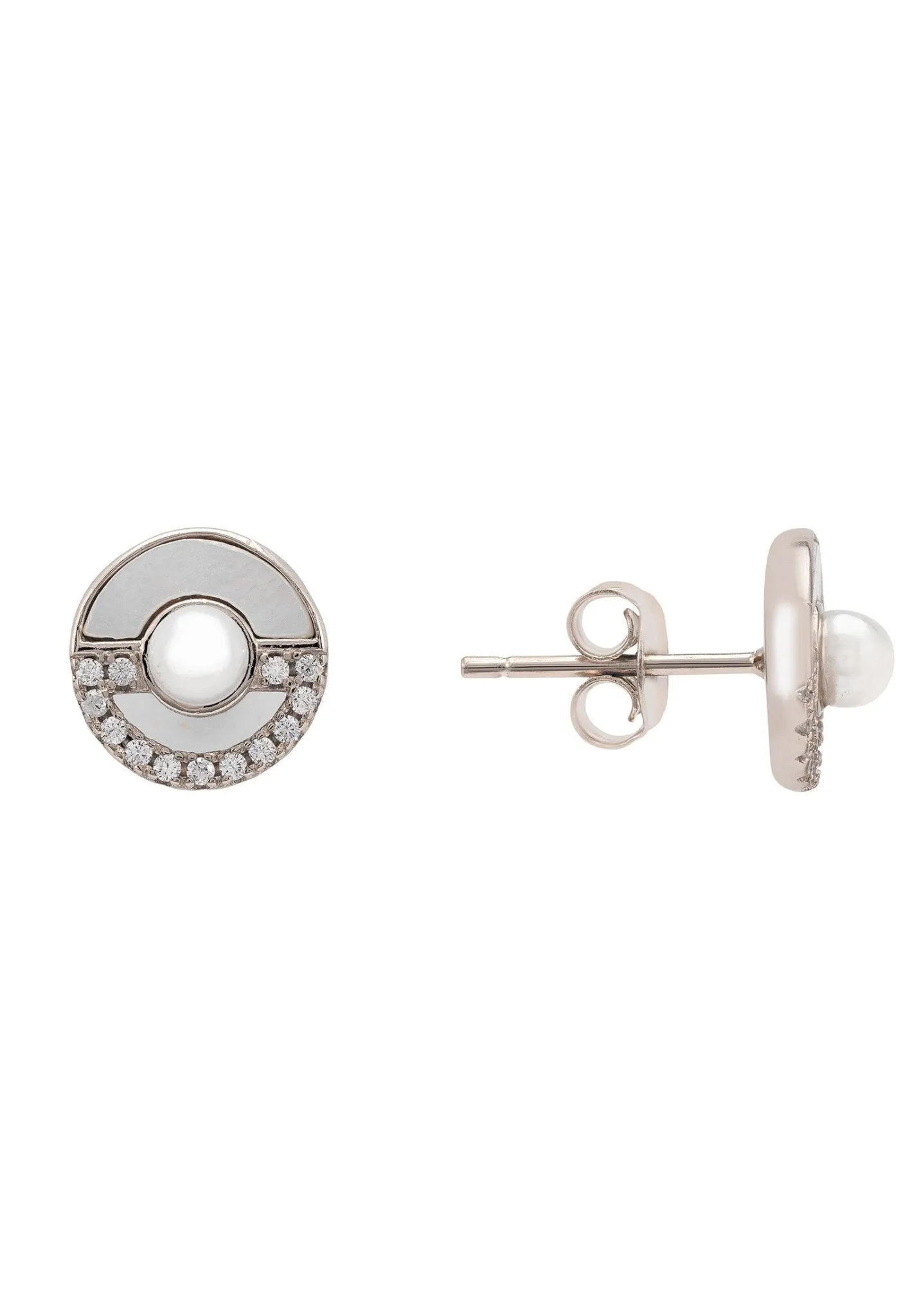 Circle & Pearl Stud Earrings Silver