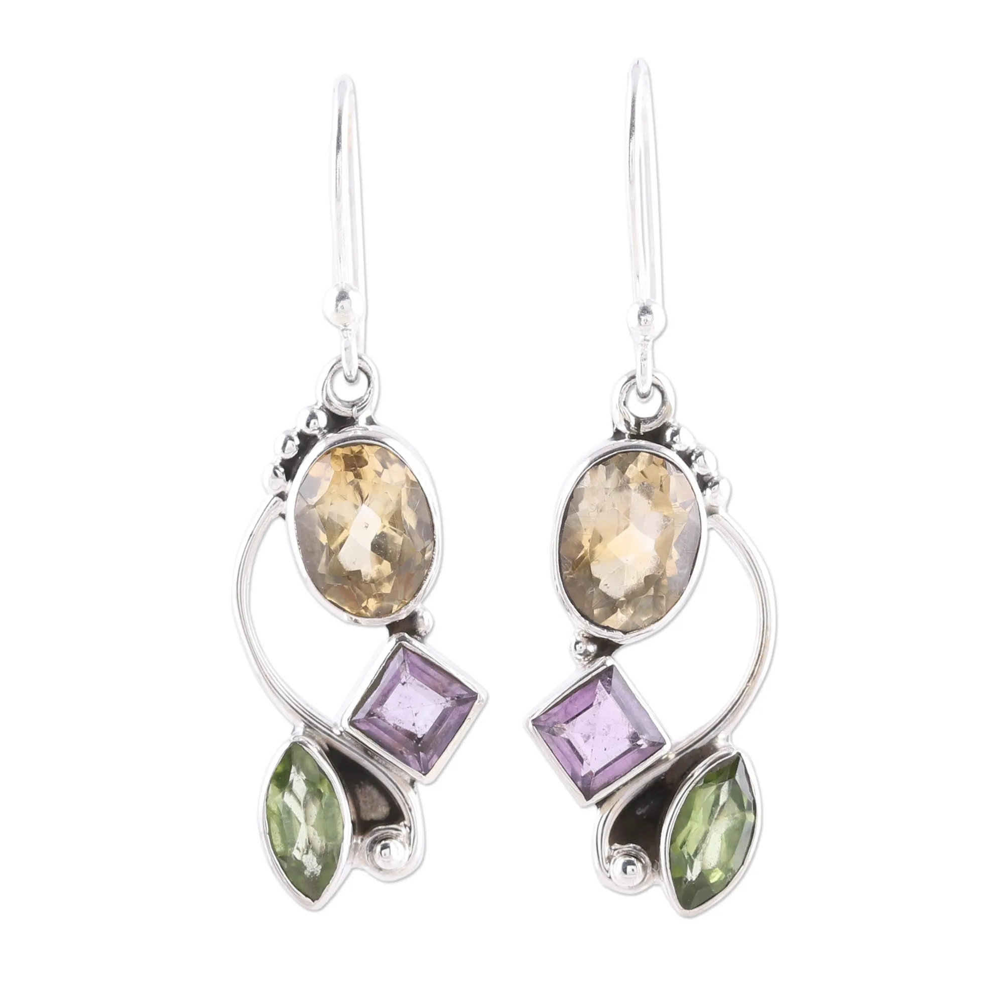 Citrine Amethyst Peridot and Sterling Silver Dangle Earrings - Sun with Violets | NOVICA