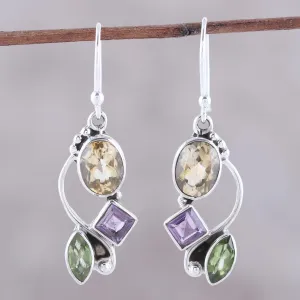 Citrine Amethyst Peridot and Sterling Silver Dangle Earrings - Sun with Violets | NOVICA