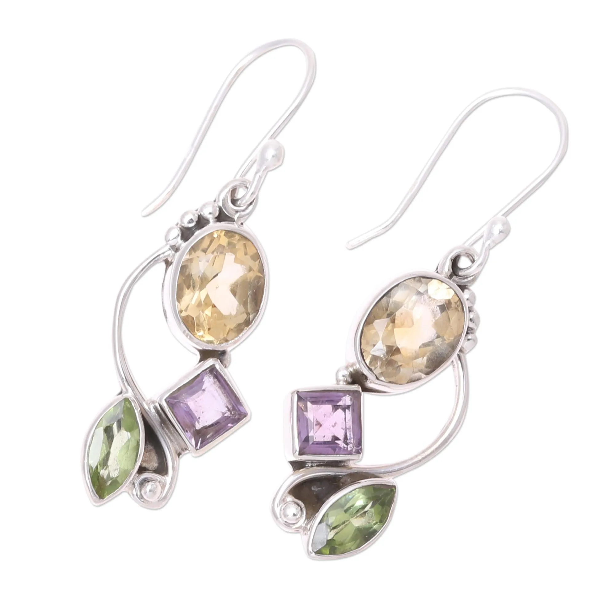 Citrine Amethyst Peridot and Sterling Silver Dangle Earrings - Sun with Violets | NOVICA