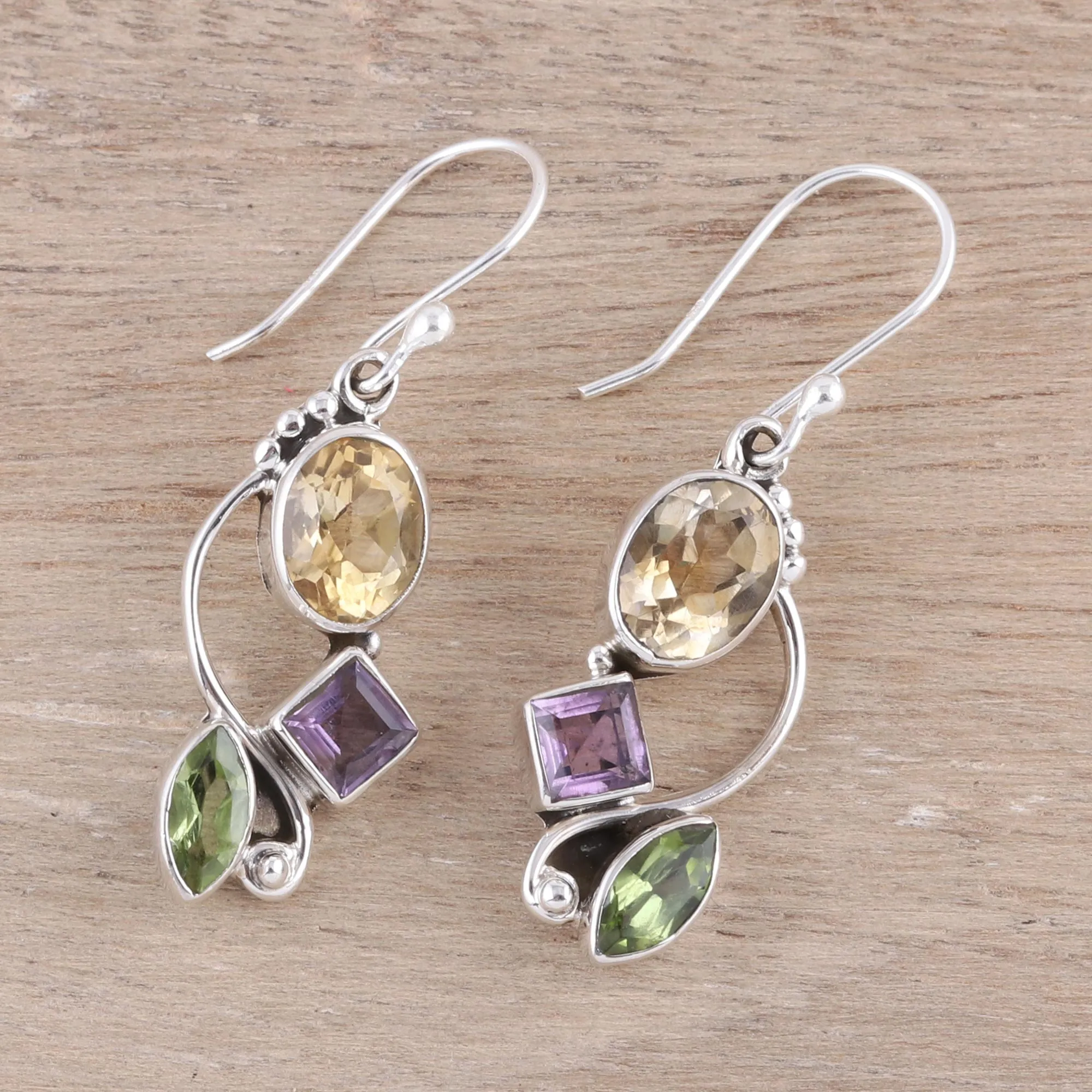 Citrine Amethyst Peridot and Sterling Silver Dangle Earrings - Sun with Violets | NOVICA