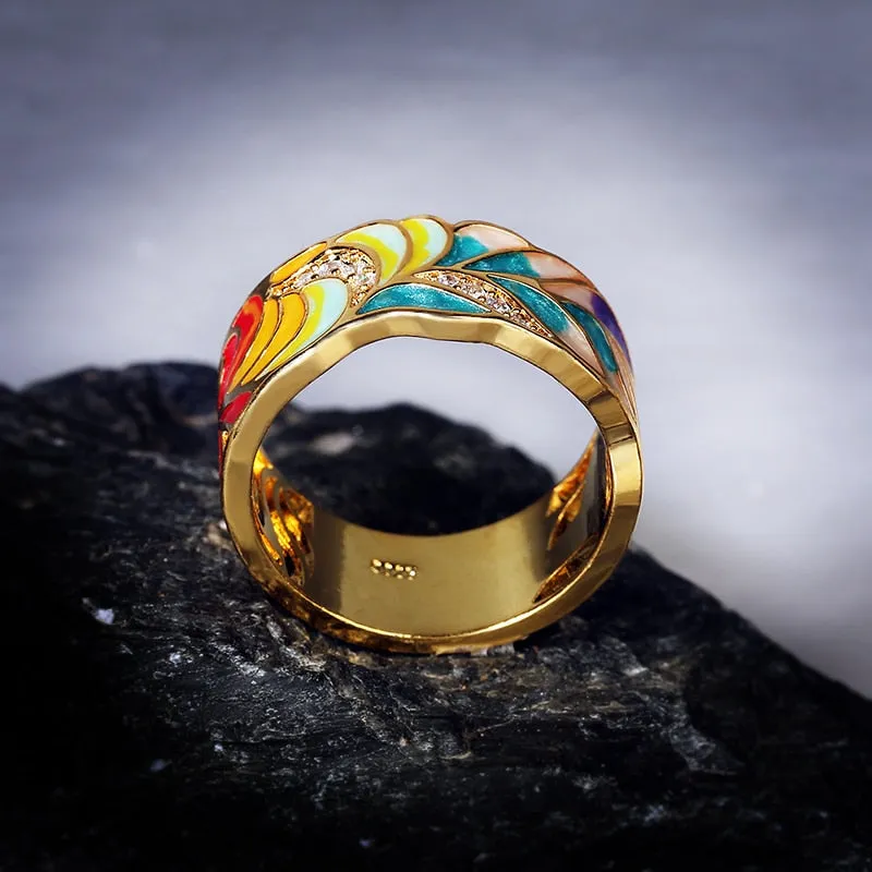 Colorful Feather Enamel Ring for Women with Zircon in 925 Sterling Silver