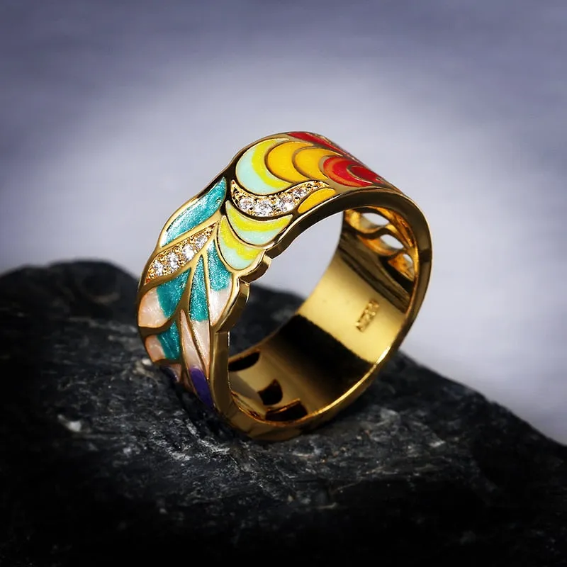 Colorful Feather Enamel Ring for Women with Zircon in 925 Sterling Silver