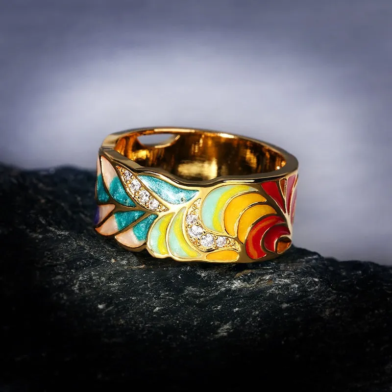 Colorful Feather Enamel Ring for Women with Zircon in 925 Sterling Silver