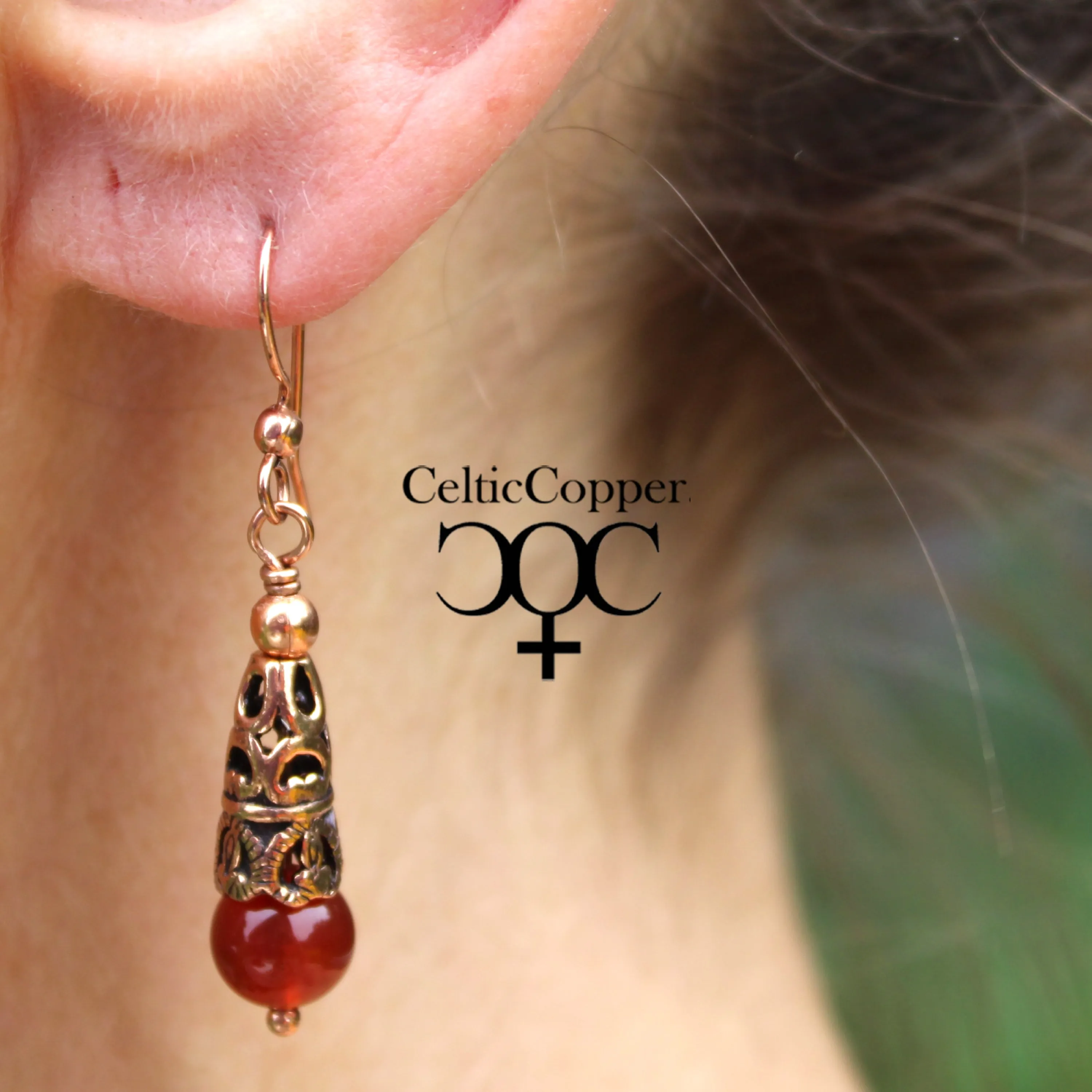 Copper Carnelian Earrings With Handmade Vintage Copper Cone Beads 8mm Carnelian Agate  Earrings