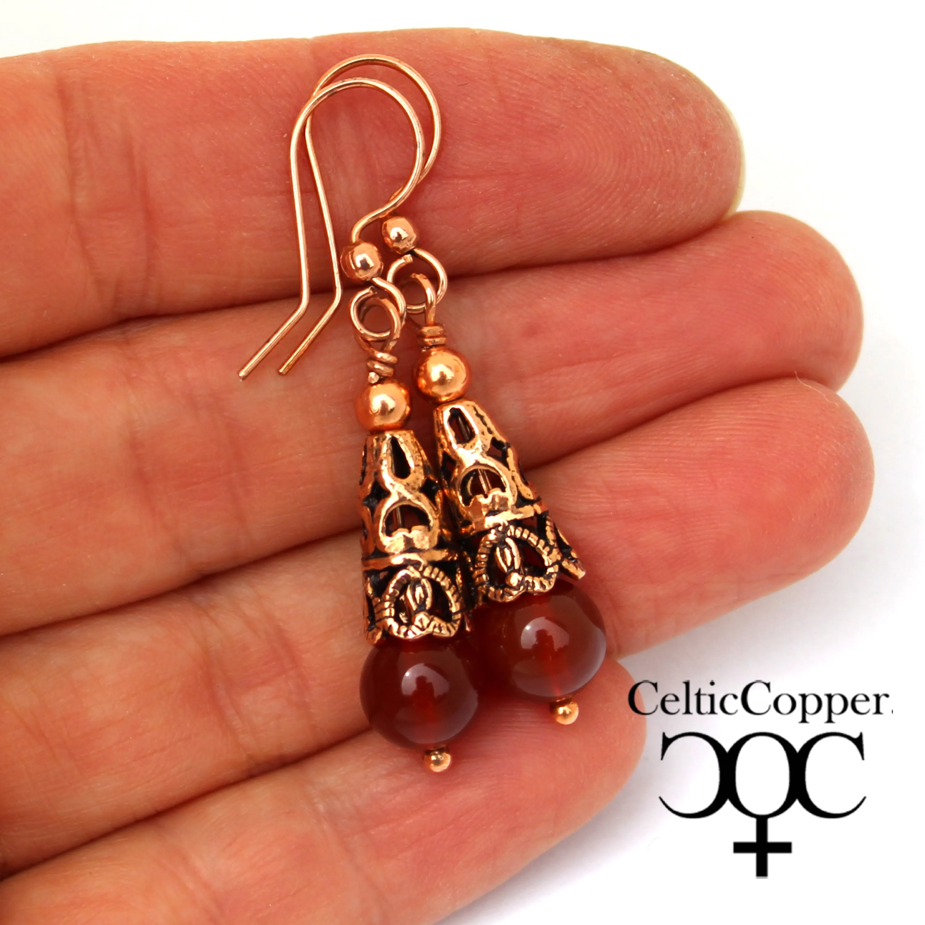 Copper Carnelian Earrings With Handmade Vintage Copper Cone Beads 8mm Carnelian Agate  Earrings