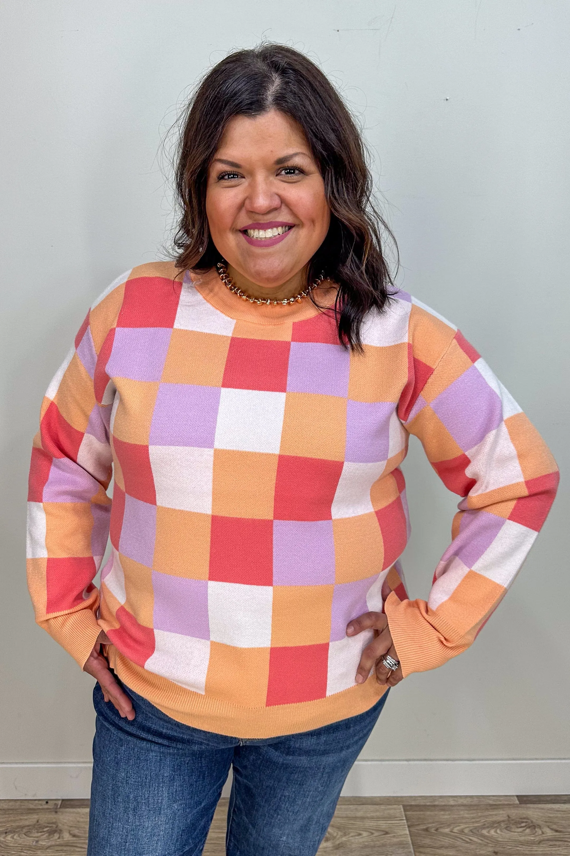 Coral Checkerboard Sweater