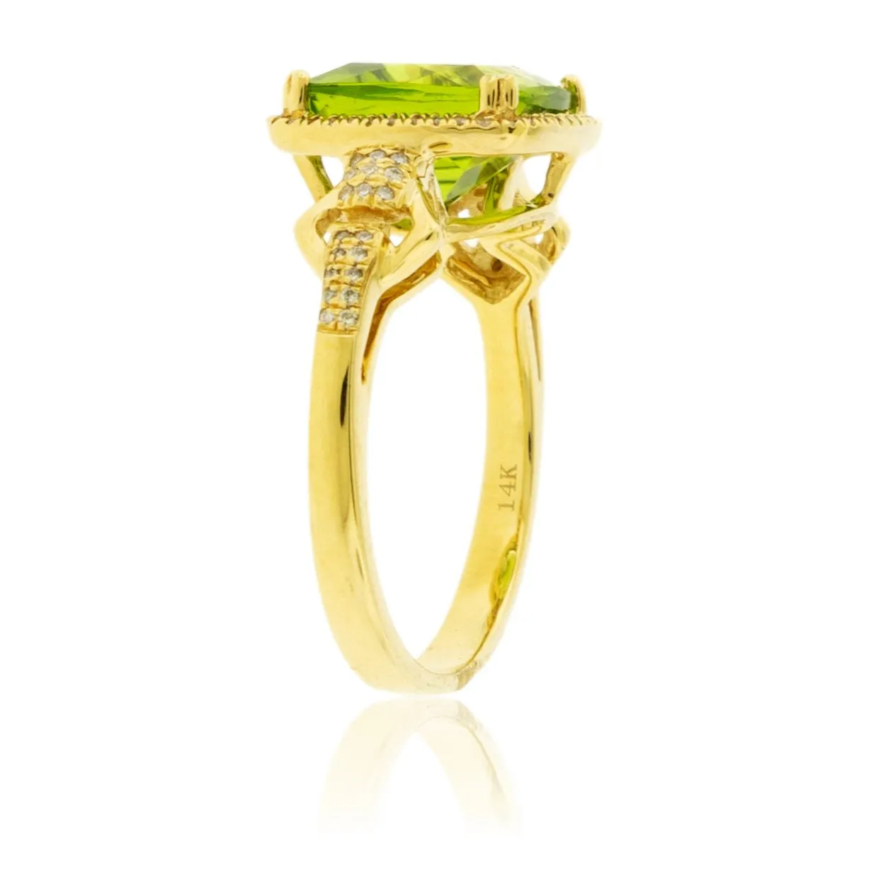 Cushion Cut Peridot and Diamond Halo Gold Ring