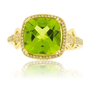 Cushion Cut Peridot and Diamond Halo Gold Ring