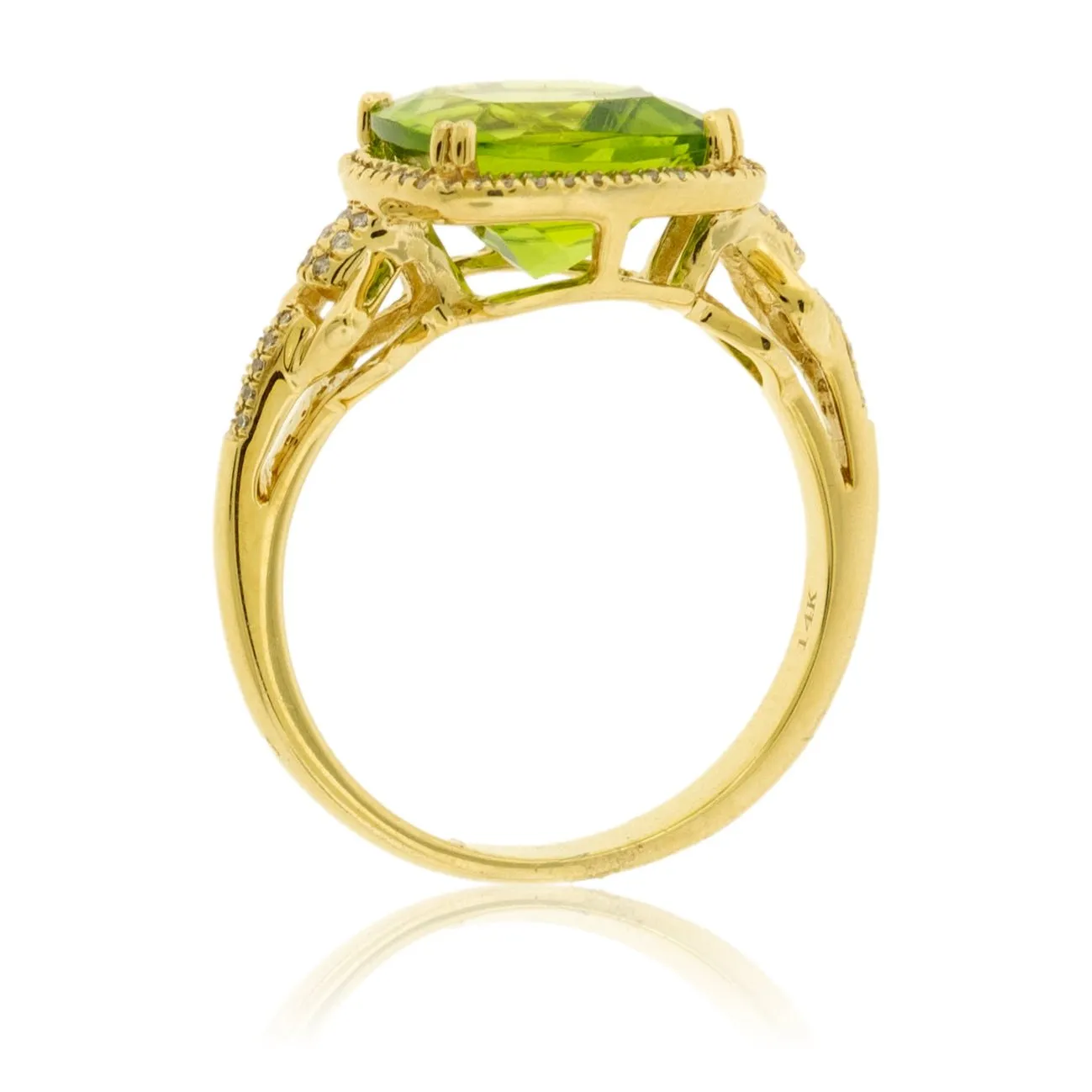 Cushion Cut Peridot and Diamond Halo Gold Ring