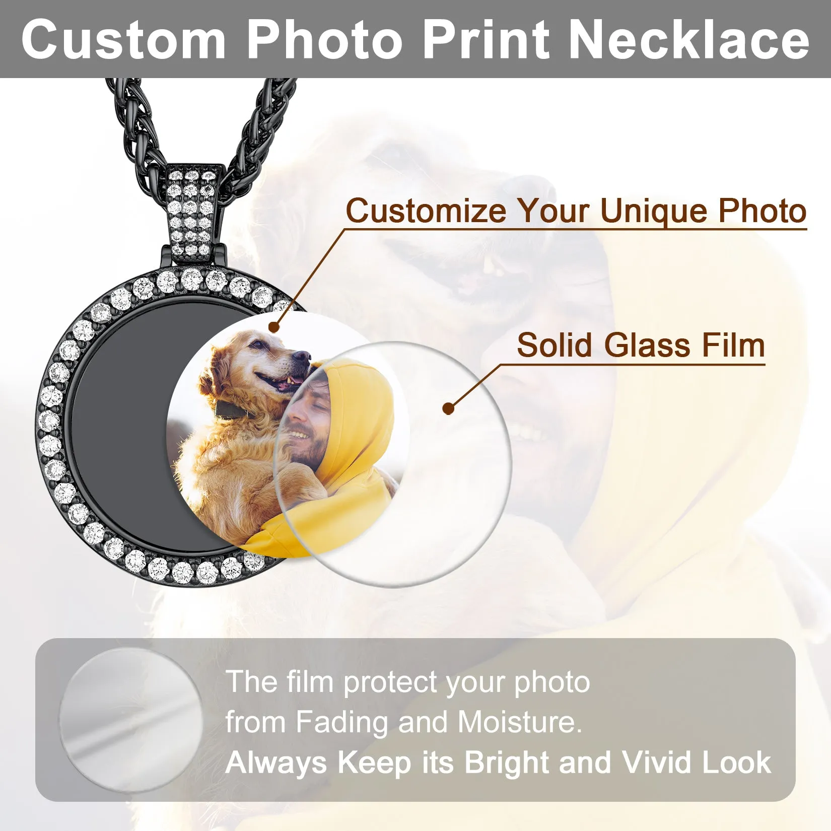 Customized Cubic Zircon Picture Circle Necklace Photo Pendant for Men