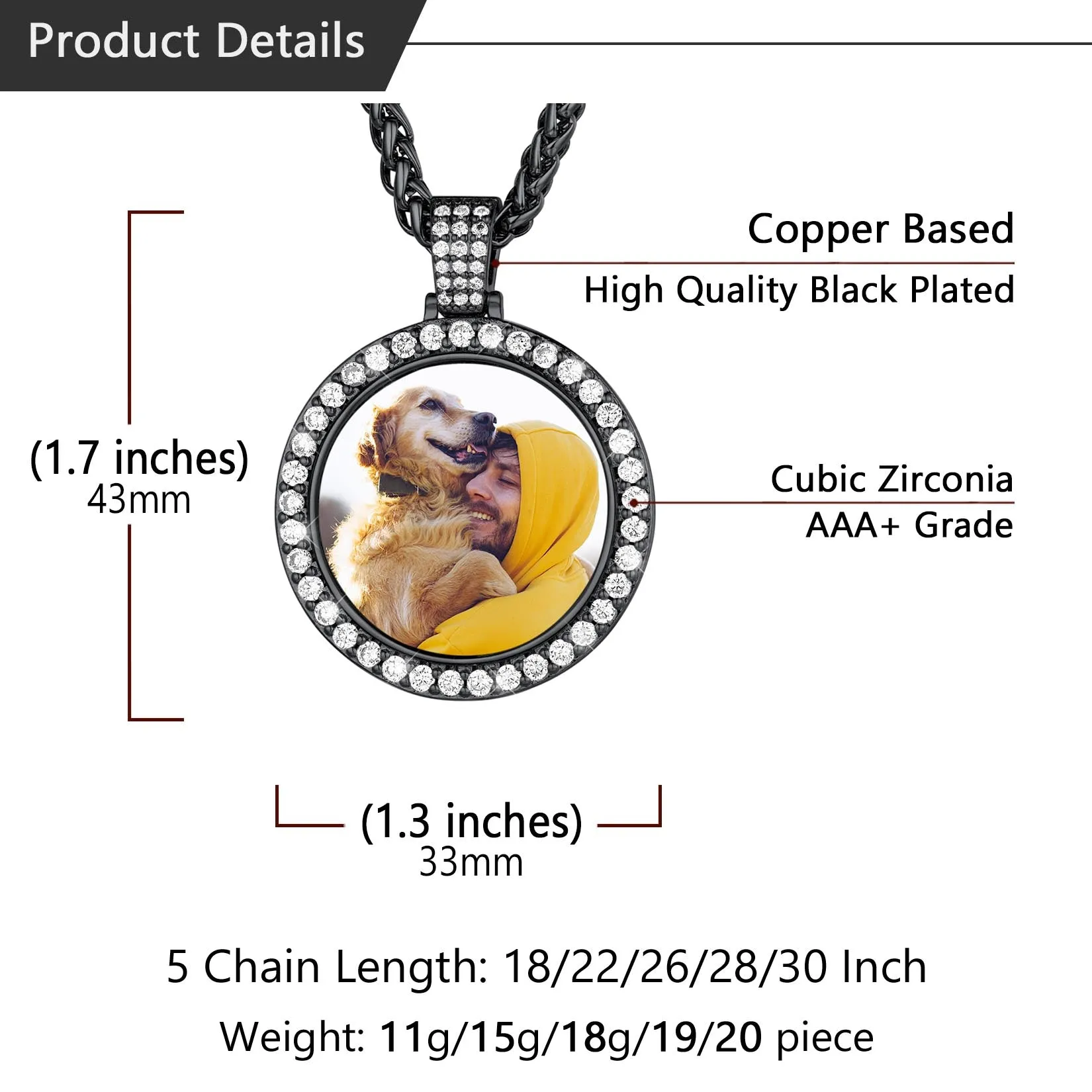 Customized Cubic Zircon Picture Circle Necklace Photo Pendant for Men