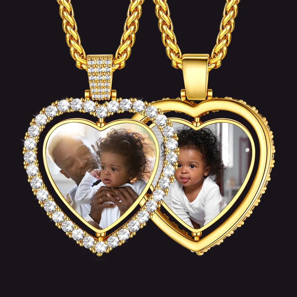 Customized Double-side Heart Picture Photo Necklace with Cubic Zirconia