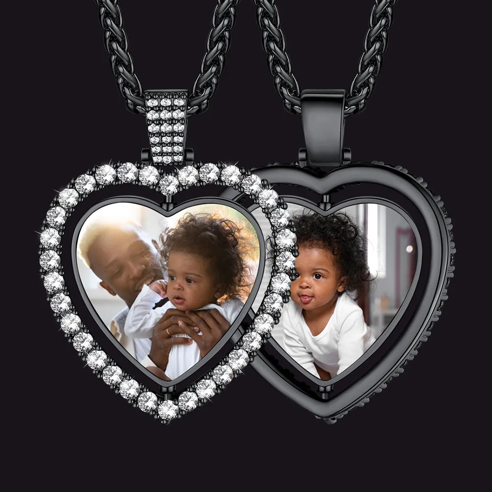 Customized Double-side Heart Picture Photo Necklace with Cubic Zirconia