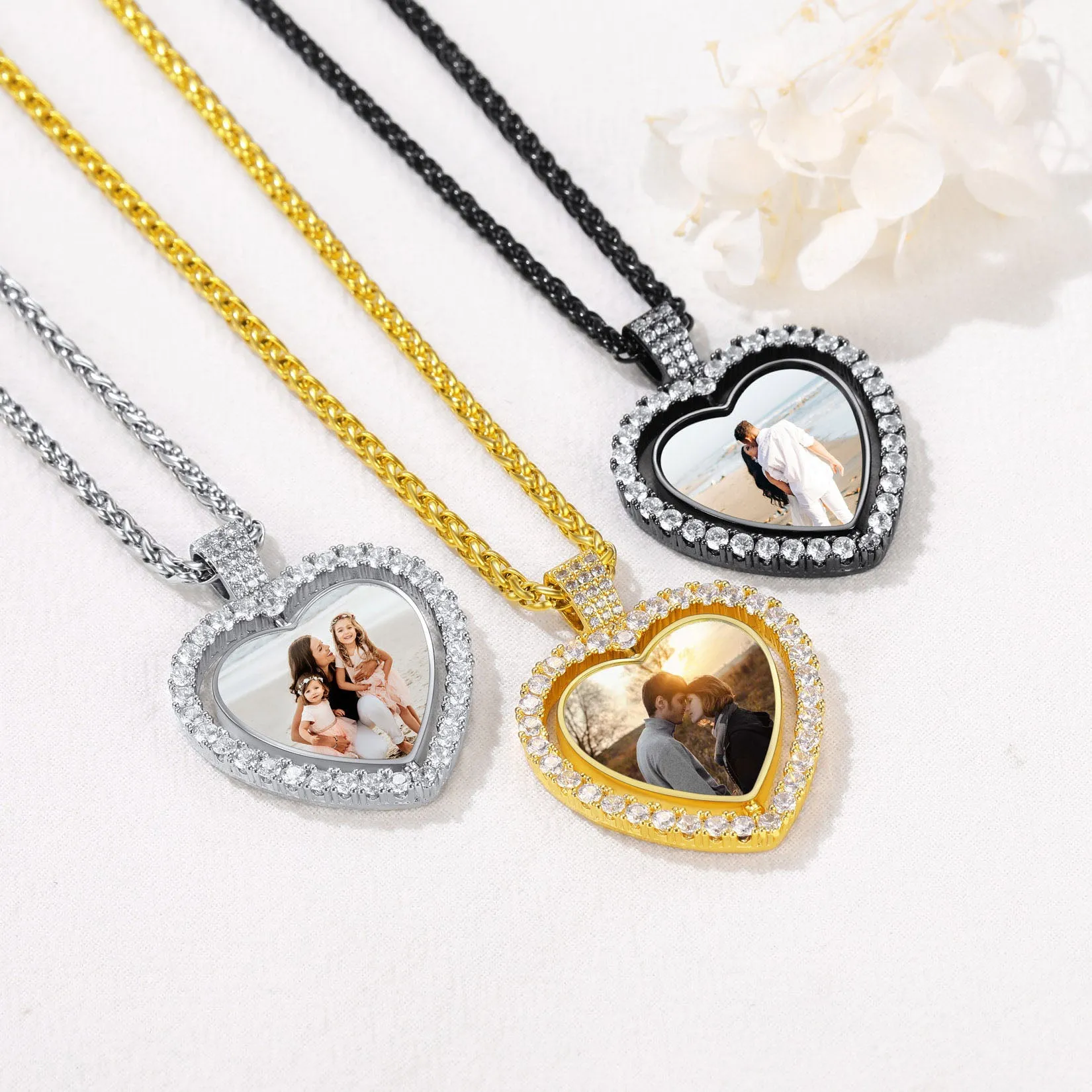 Customized Double-side Heart Picture Photo Necklace with Cubic Zirconia