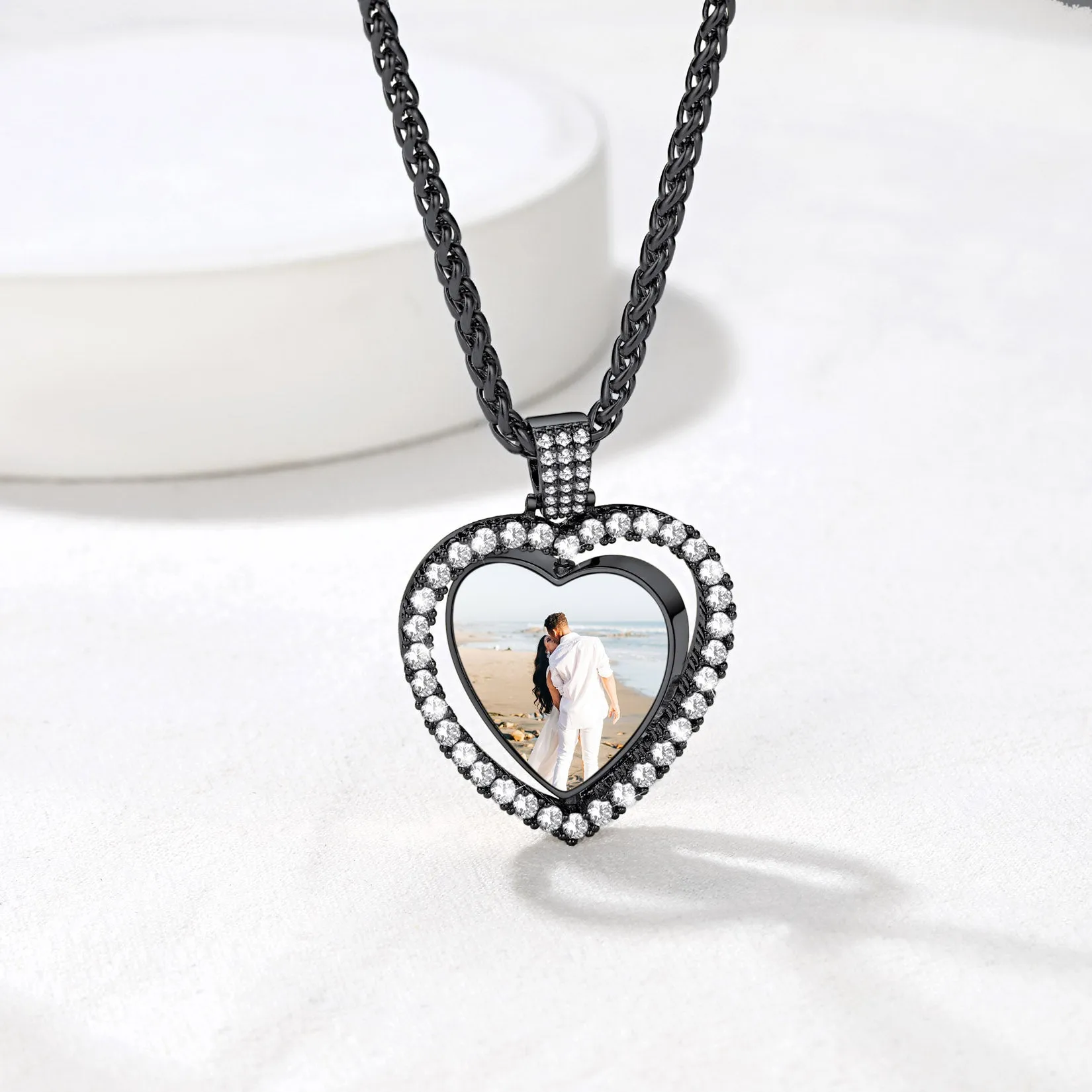 Customized Double-side Heart Picture Photo Necklace with Cubic Zirconia