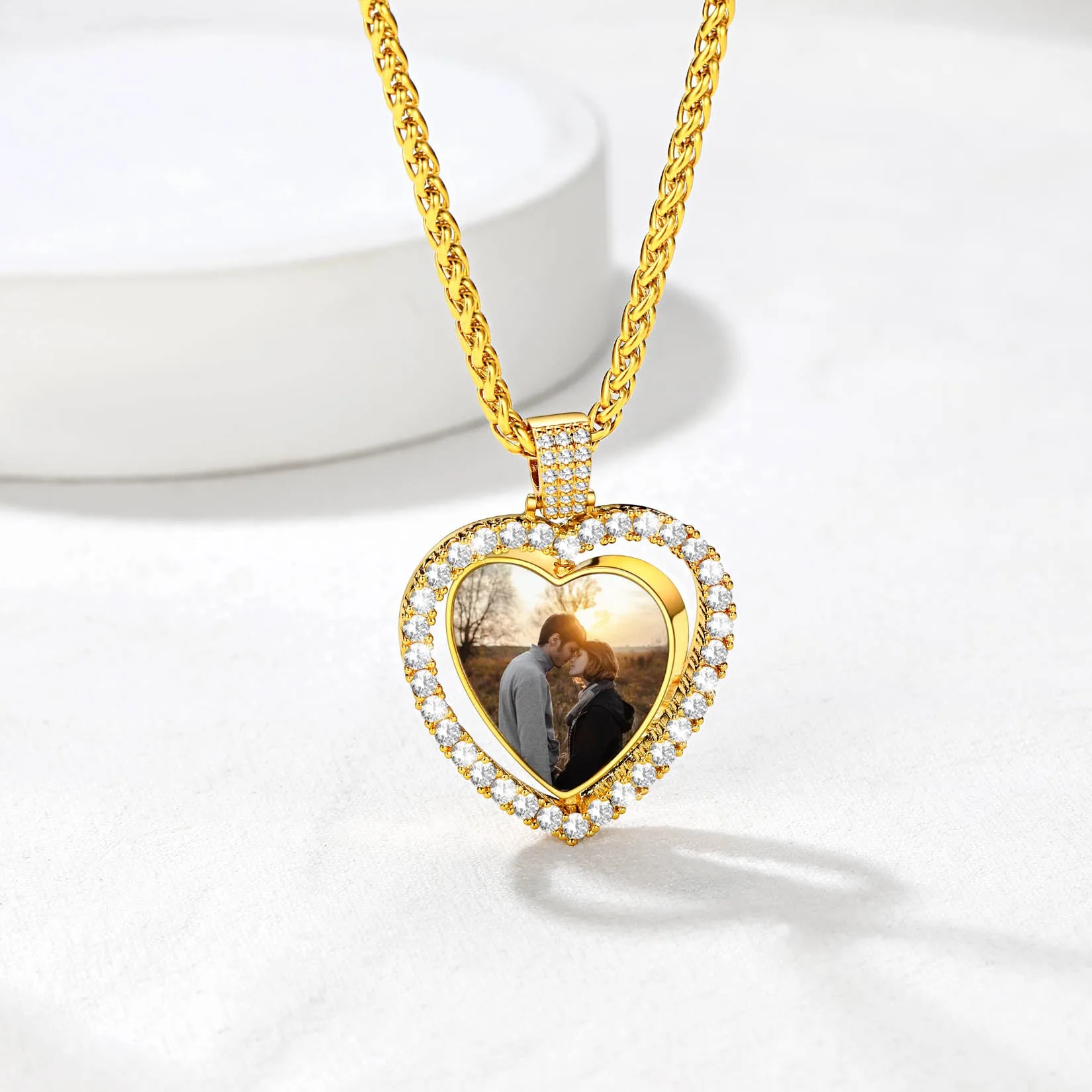 Customized Double-side Heart Picture Photo Necklace with Cubic Zirconia