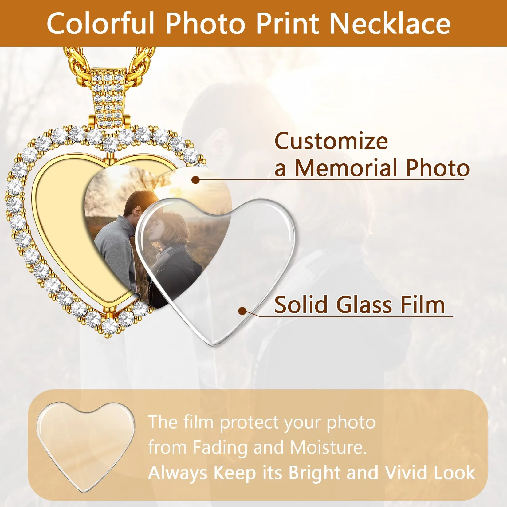 Customized Double-side Heart Picture Photo Necklace with Cubic Zirconia