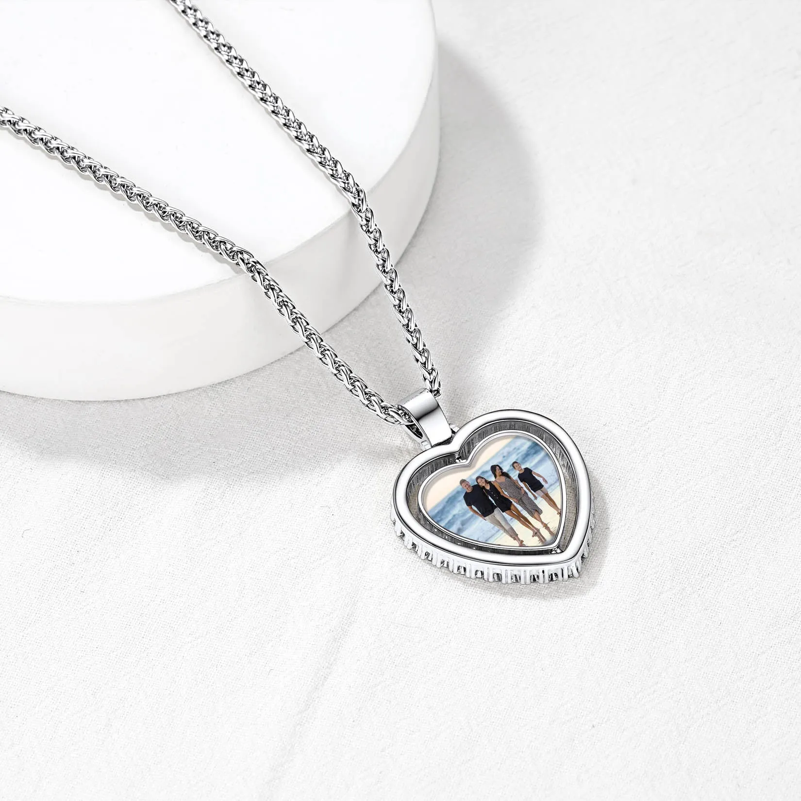 Customized Double-side Heart Picture Photo Necklace with Cubic Zirconia