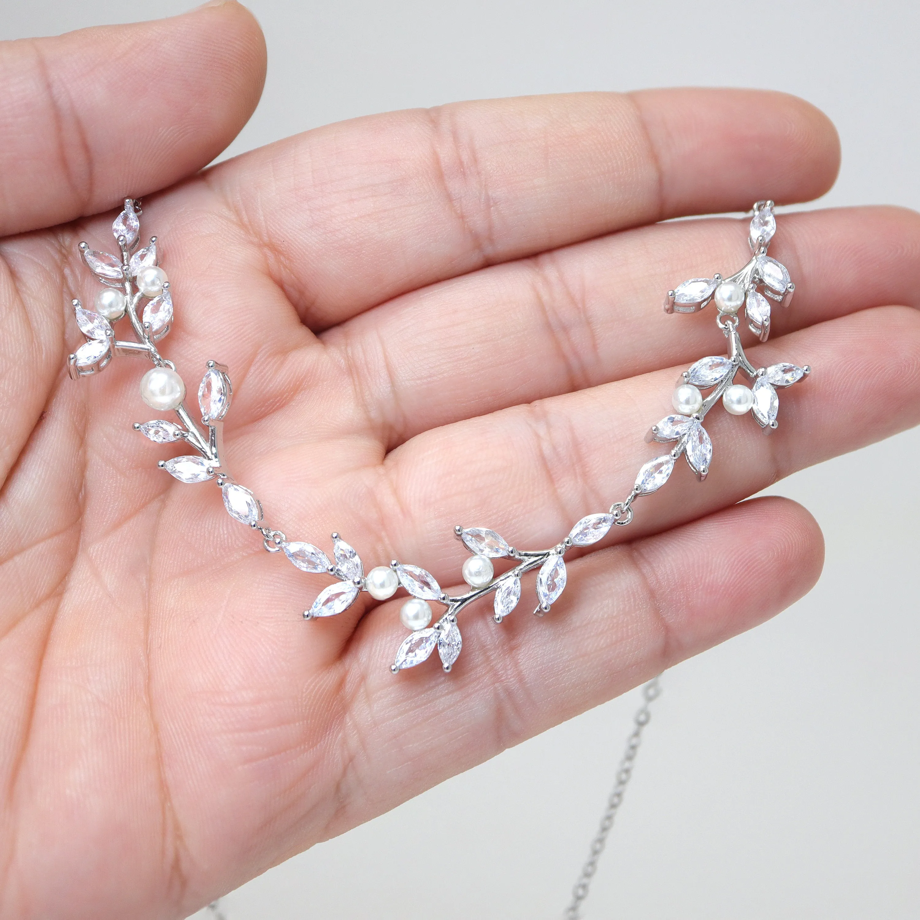 CZ Radiant Leafy Pearl Bridal Necklace Set , Bridal Jewelry, Bridal Earrings And Necklace, Statement Earrings Cz Necklace Set.