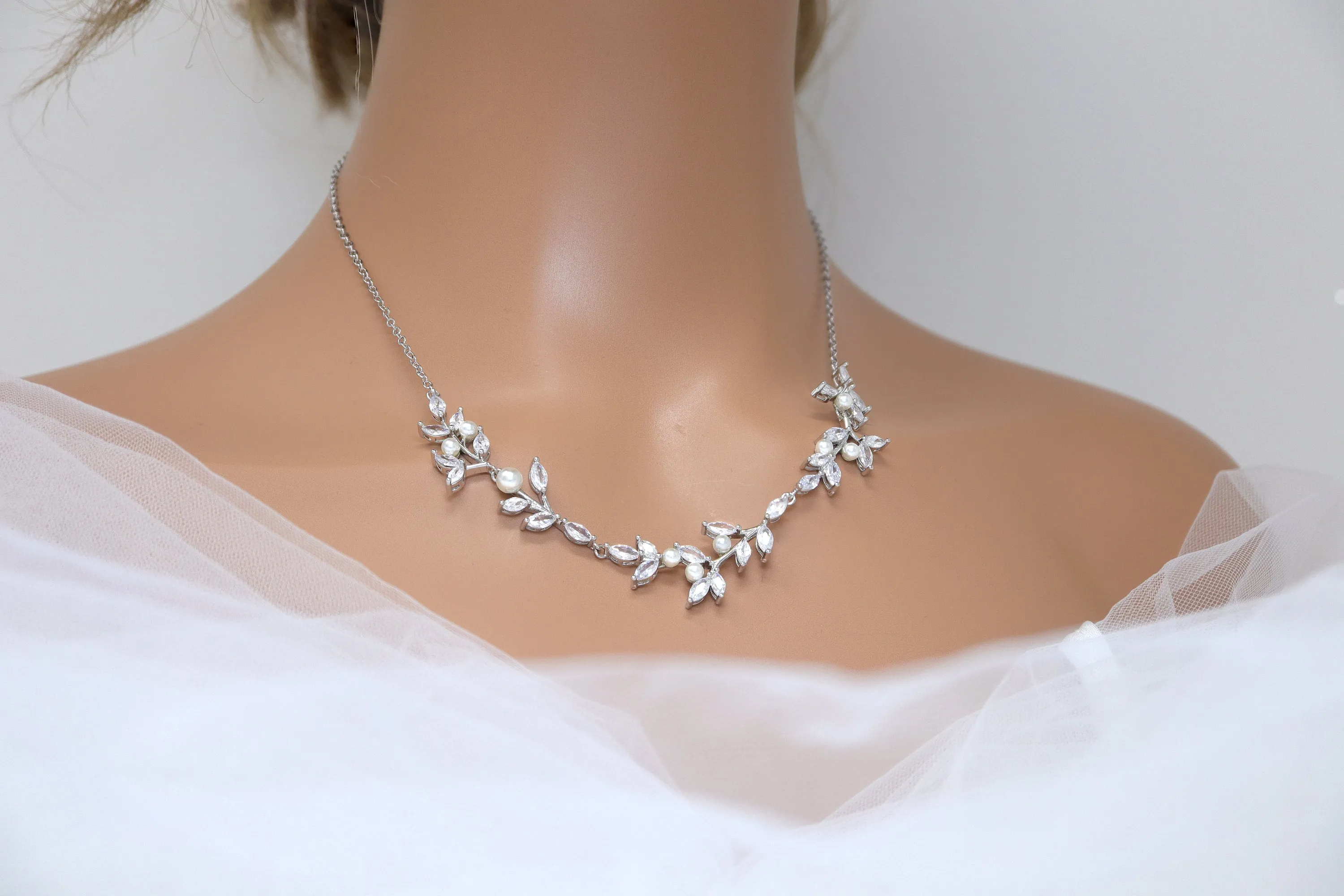 CZ Radiant Leafy Pearl Bridal Necklace Set , Bridal Jewelry, Bridal Earrings And Necklace, Statement Earrings Cz Necklace Set.