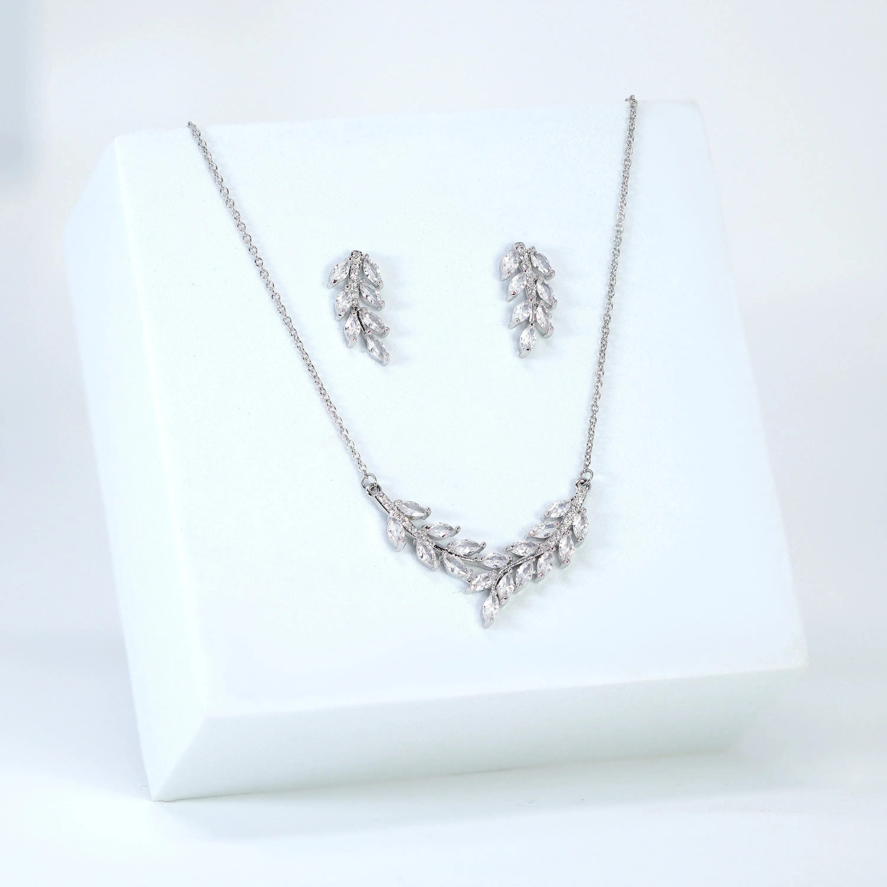 Dainty Forest Leaves Wisper Drop V Necklace Set, Long Bridal Jewelry, Bridal Earrings And Necklace, Statement Earrings Cz Necklace Set.