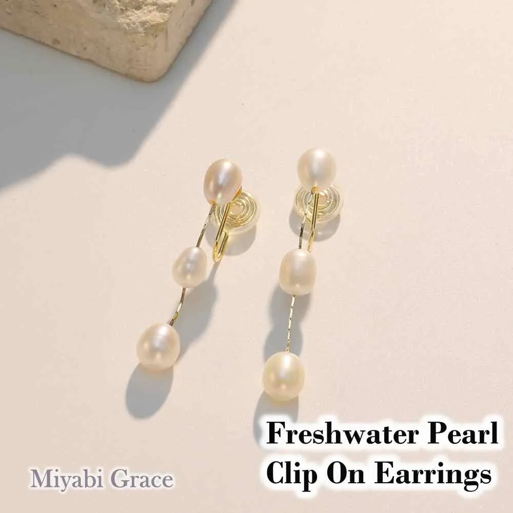 Dangle Three White Freshwater Pearl Long Gold Chain Coil ClipOn Earrings