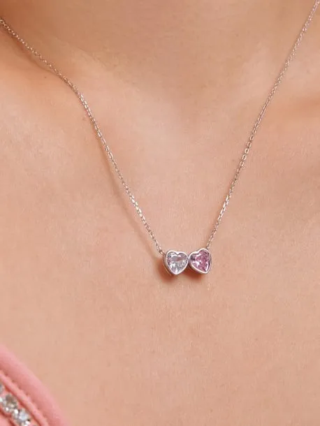 Double Heart Zircon Necklace, 18K Gold Plated 925 Sterling Silver Bezel Pink Heart Necklace