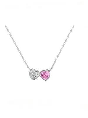 Double Heart Zircon Necklace, 18K Gold Plated 925 Sterling Silver Bezel Pink Heart Necklace