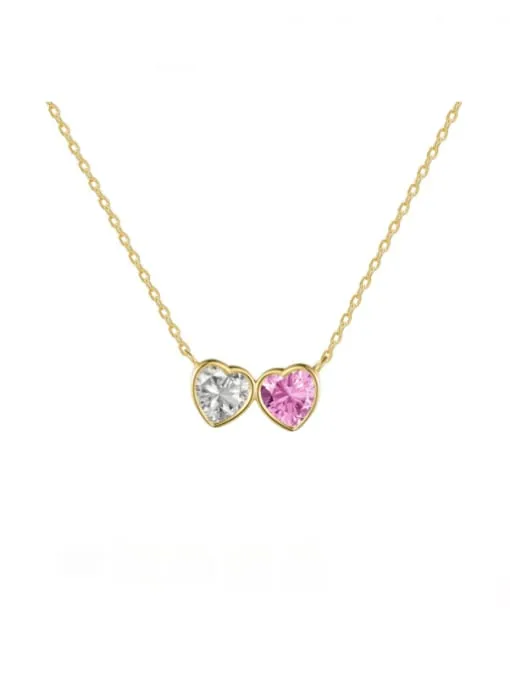 Double Heart Zircon Necklace, 18K Gold Plated 925 Sterling Silver Bezel Pink Heart Necklace