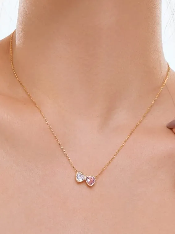 Double Heart Zircon Necklace, 18K Gold Plated 925 Sterling Silver Bezel Pink Heart Necklace