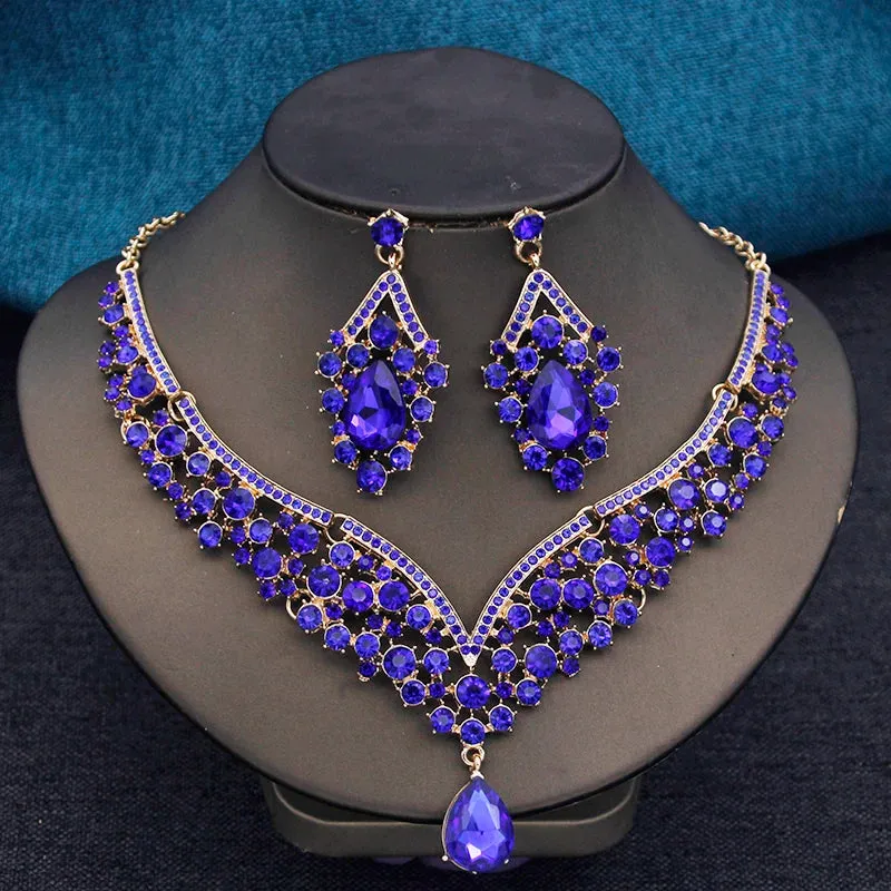 Elegant 2pcs Rhinestone Crystal Choker Necklace Earring Sets for Women Fashion Jewelry Sets