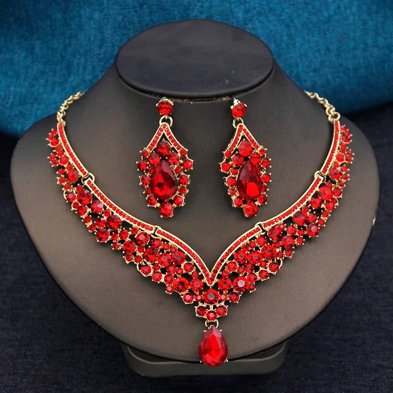 Elegant 2pcs Rhinestone Crystal Choker Necklace Earring Sets for Women Fashion Jewelry Sets