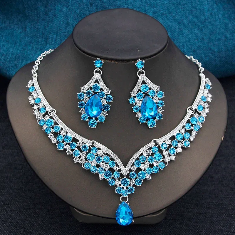 Elegant 2pcs Rhinestone Crystal Choker Necklace Earring Sets for Women Fashion Jewelry Sets