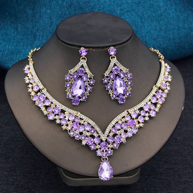 Elegant 2pcs Rhinestone Crystal Choker Necklace Earring Sets for Women Fashion Jewelry Sets