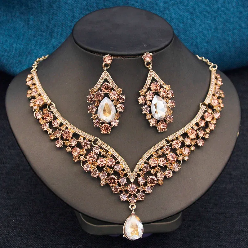 Elegant 2pcs Rhinestone Crystal Choker Necklace Earring Sets for Women Fashion Jewelry Sets