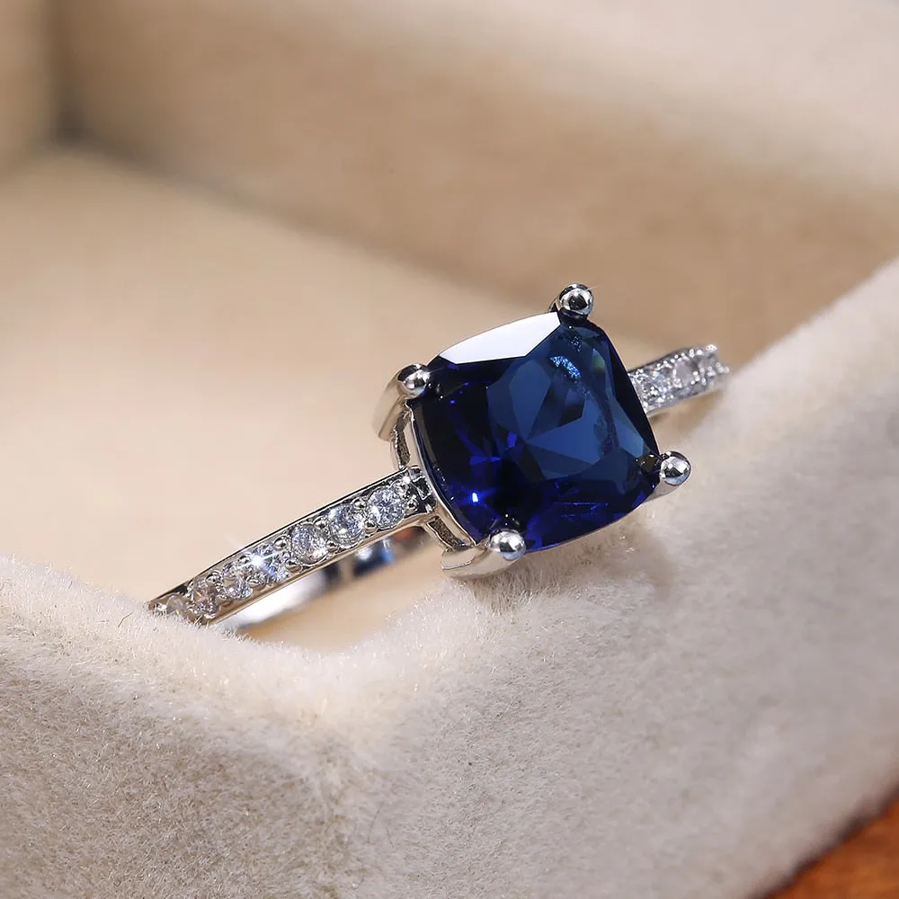 Engagement Jewelry Simple Blue Radiant Cut Cubic Zircon Solitaire Ring